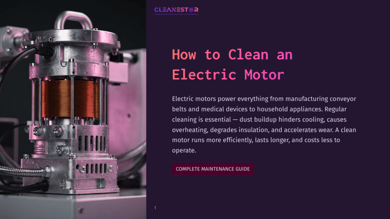 1 How To Clean An Electric Motor 1 Close-Up Of A Shiny Silver Electric Motor With Visible Copper Windings, Set Against A Dark Purple Background With The Text &Quot;Cleanestor&Quot; And &Quot;How To Clean An Electric Motor&Quot;.