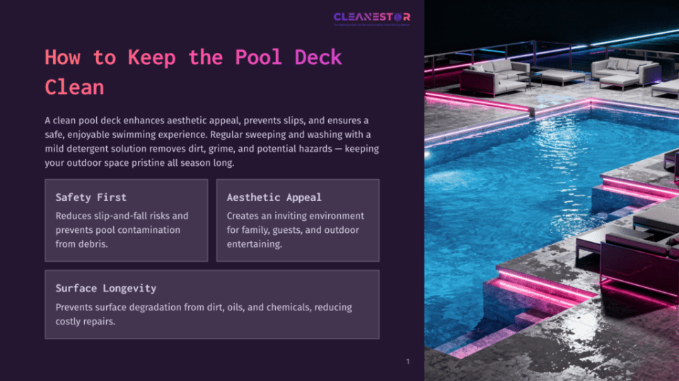 1 How To Keep The Pool Deck Clean A Luxurious Outdoor Pool Deck At Night, Illuminated By Vibrant Pink Neon Lights. Modern Lounge Furniture Surrounds The Shimmering Blue Water, Creating An Inviting Ambiance.