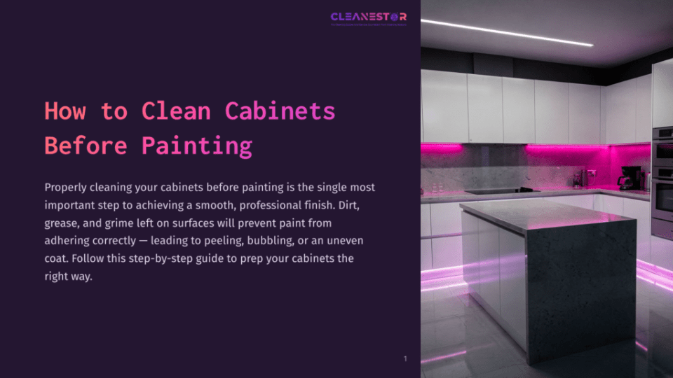1 How To Clean Cabinets Before Painting Modern Kitchen With White Cabinets, A Gray Countertop, And Pink Led Lighting. The Layout Features Sleek Design And Organized Surfaces.