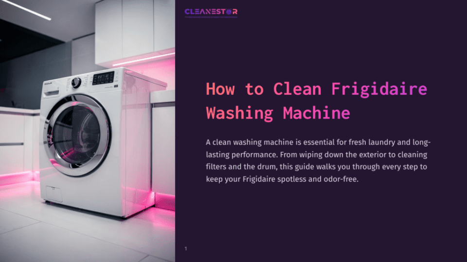 1 How To Clean Frigidaire Washing Machine A Modern Frigidaire Washing Machine Is Shown In A Clean, Well-Lit Laundry Room With Pink Led Accent Lighting. The Text &Quot;How To Clean Frigidaire Washing Machine&Quot; Is Overlaid On A Dark Purple Background.