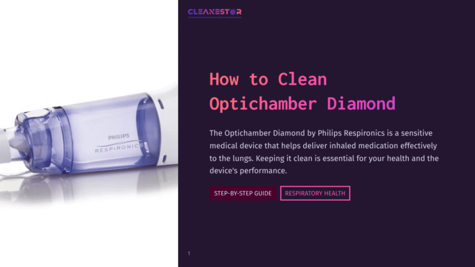 1 How To Clean Optichamber Diamond Close-Up Of A Philips Respironics Optichamber Diamond Valved Holding Chamber With A Purple And White Design, Sitting On A White Surface.