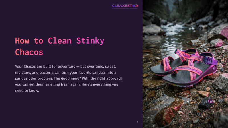 1 How To Clean Stinky Chacos Cleanestor Logo Above Text &Quot;How To Clean Stinky Chacos&Quot;. A Pair Of Pink And Purple Chacos Sandals Rests On Wet, Rocky Terrain Near Flowing Water.