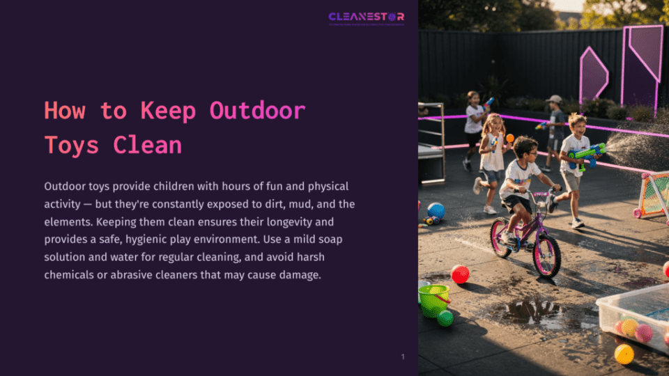 1 How To Keep Outdoor Toys Clean Children Play With Water Guns Outdoors On A Sunny Day, With A Purple And Pink Graphic Overlay On The Left Side Of The Image Featuring The Text &Quot;How To Keep Outdoor Toys Clean&Quot;.