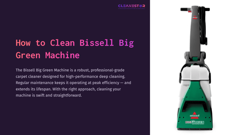 1 How To Clean Bissell Big Green Machine Bissell Big Green Machine Carpet Cleaner In Green And White, Showcasing Its Upright Design And Cleaning Tools, Set Against A Purple Background.