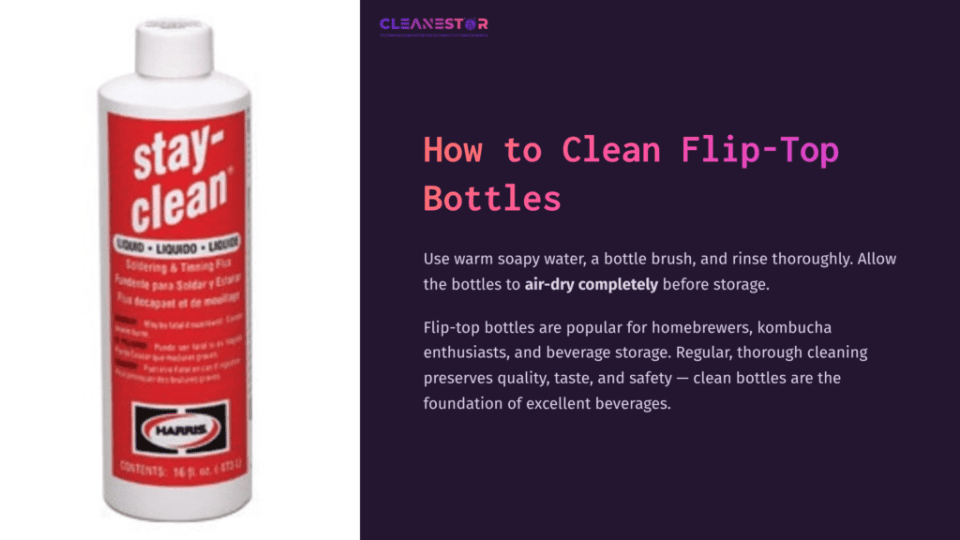 1 How To Clean Flip Top Bottles Red Flip-Top Bottle Cleaner With White Text On A Purple Background, Alongside Instructional Text About Cleaning Flip-Top Bottles.