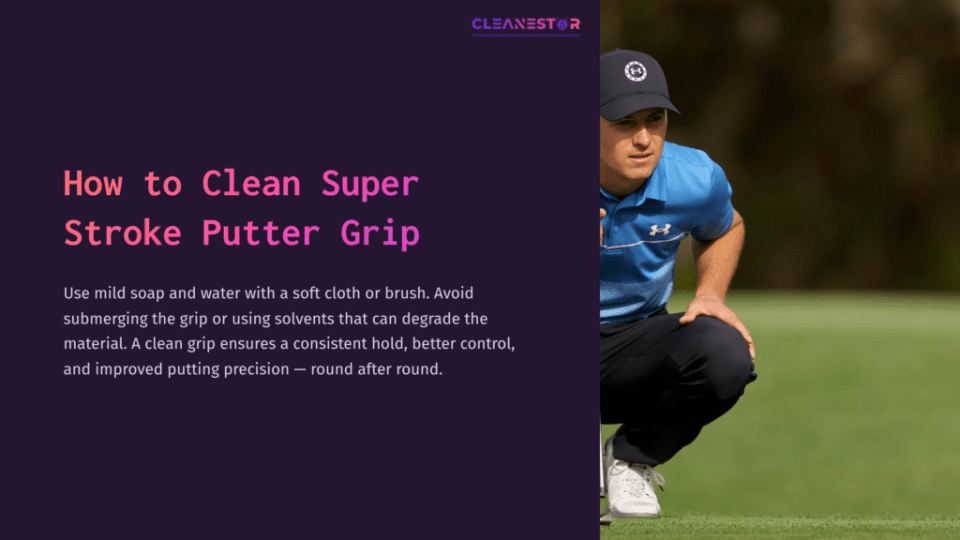 1 How To Clean Super Stroke Putter Grip A Golfer Crouches Near The Green, Focused On Cleaning A Putter Grip, With A Blue Shirt And Dark Pants Against A Purple Background.