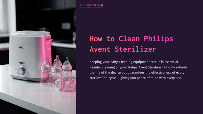 1 How To Clean Philips Avent Sterilizer Philips Avent Sterilizer With Pink Accents Beside Several Transparent Baby Bottles On A Dark Background, Text On Cleaning Tips.