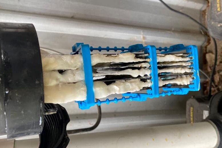 Dirty Saltwater Cell With White Calcium Scale 1 How To Clean A Pool Salt Cell With Acid