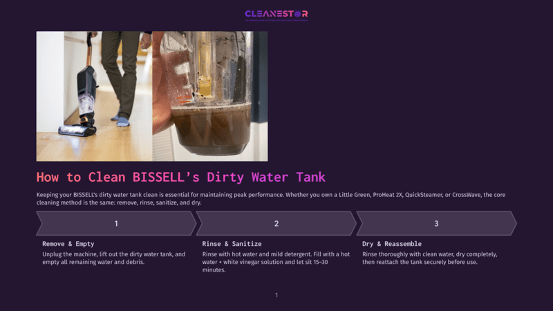 1 How To Clean Bissells Dirty Water Tank A Person'S Hand Holds Up A Dirty Water Tank From A Bissell Cleaning Machine, Showing Murky Brown Water And Debris. The Text Overlay Reads &Quot;How To Clean Bissell'S Dirty Water Tank&Quot;.