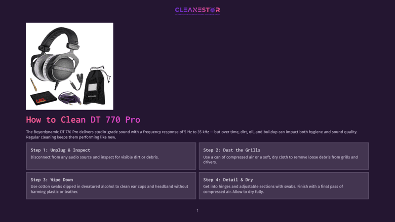 1 How To Clean Dt 770 Pro Beyerdynamic Dt 770 Pro Studio Headphones With Accessories, Including Cables And A Carrying Pouch, Displayed On A Dark Purple Background With Text Detailing Cleaning Instructions.