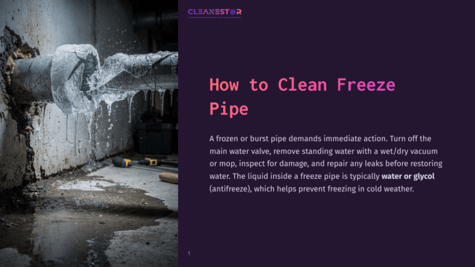 1 How To Clean Freeze Pipe Close-Up Of A Frozen Pipe With Icicles Hanging, Water Dripping Onto The Concrete Floor. The Image Illustrates How To Clean Freeze Pipe Issues.