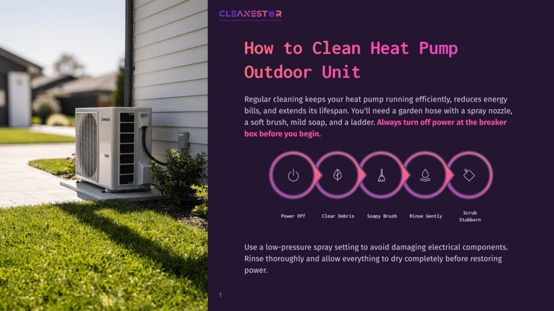 1 How To Clean Heat Pump Outdoor Unit An Outdoor Heat Pump Unit Sits On A Well-Maintained Lawn Next To A House, With A Graphic Illustrating The Steps To Clean A Heat Pump: Power Off, Clear Debris, Soap, Rinse, And Scrub.