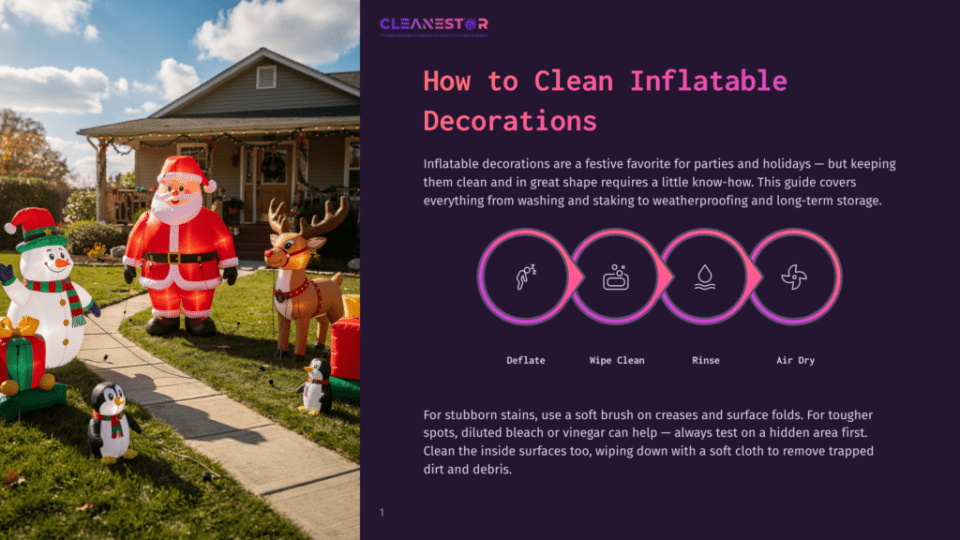 Inflatable Christmas Decorations, Including Santa, A Snowman, And A Reindeer, Stand On A Lawn In Front Of A House. A Guide Titled &Quot;How To Clean Inflatable Decorations&Quot; Is Displayed On The Right.