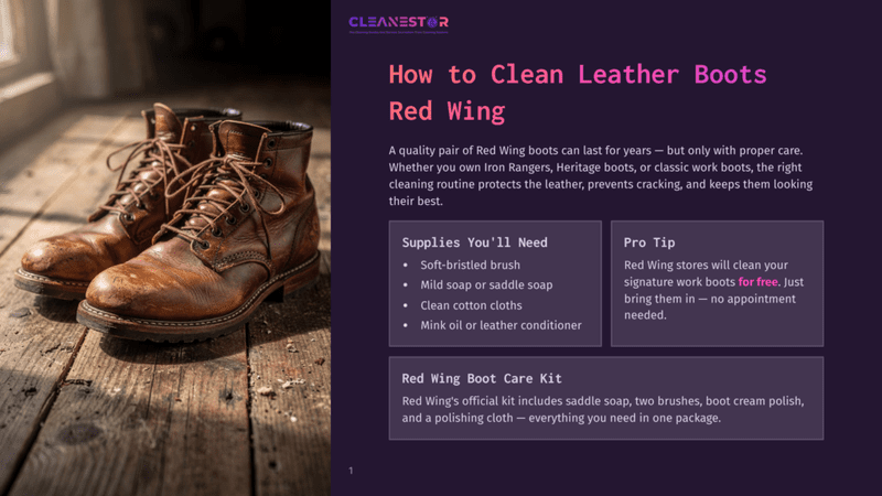 1 How To Clean Leather Boots Red Wing 1 Two Well-Worn Red Wing Leather Work Boots Sit On A Rustic Wooden Surface. The Boots Are A Rich Brown, Showing Signs Of Age And Use, With Laces Tied. The Image Is Part Of A Guide On How To Clean Leather Boots.