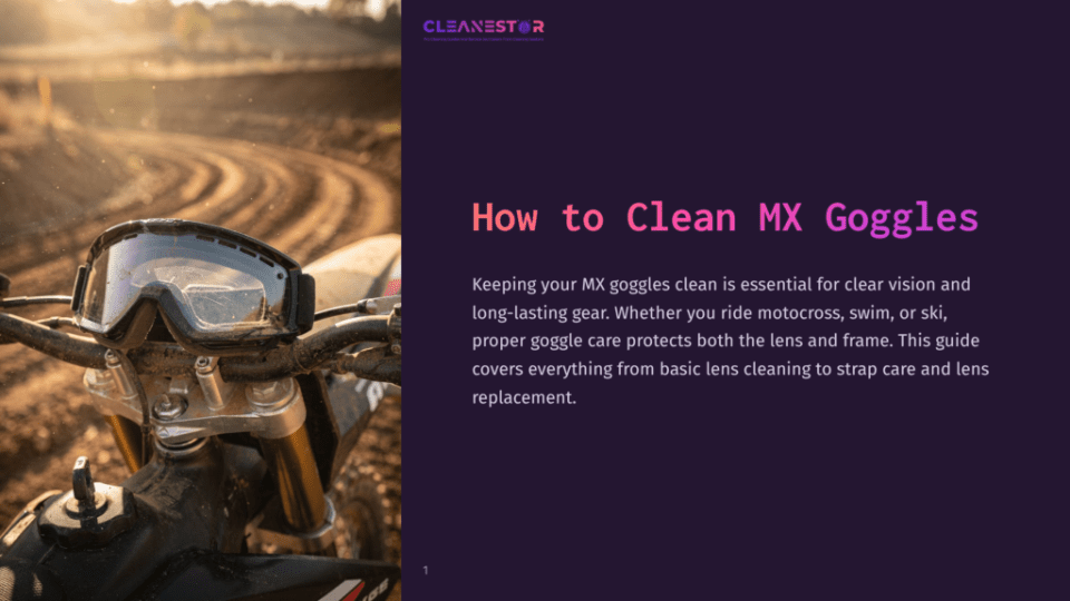 1 How To Clean Mx Goggles Dirt Bike Handlebars With Motocross Goggles Resting On Them, Set Against A Dusty Track In The Warm, Golden Light Of Sunset. The Cleanestor Logo Is Visible In The Top Right.