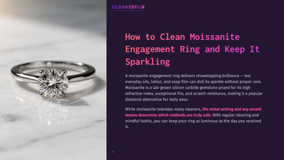 1 How To Clean Moissanite Engagement Ring And Keep It Sparkling A Close-Up Of A Sparkling Moissanite Engagement Ring With A Large, Brilliant Center Stone Set In A White Gold Band, Resting On A Textured Marble Surface.