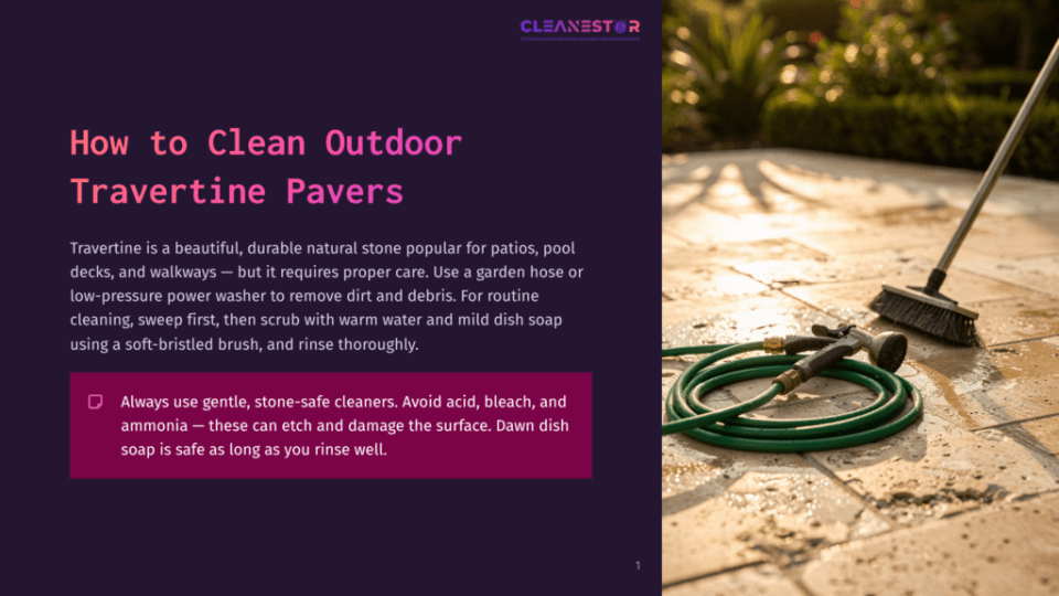 1 How To Clean Outdoor Travertine Pavers Cleanestar Logo At The Top Of A Page About Cleaning Outdoor Travertine Pavers. A Garden Hose And Spray Nozzle Lie On Wet, Tan Travertine Pavers, With A Broom Leaning Against A Wall In The Background.