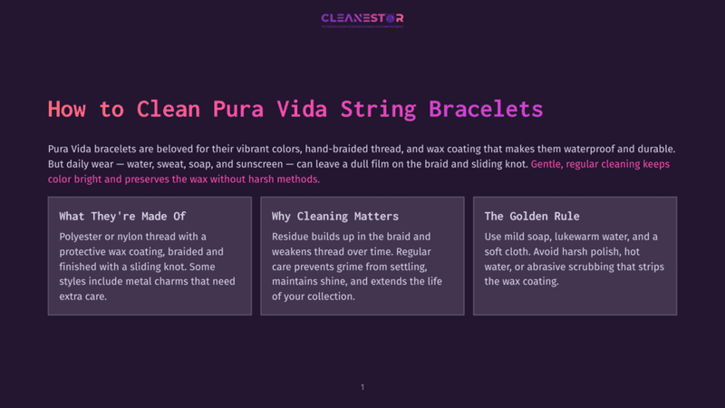 1 How To Clean Pura Vida String Bracelets Clean Pura Vida String Bracelets Guide: &Quot;How To Clean Pura Vida String Bracelets&Quot; Title, With Sections On Materials, Cleaning Advice, And The Golden Rule For Cleaning.
