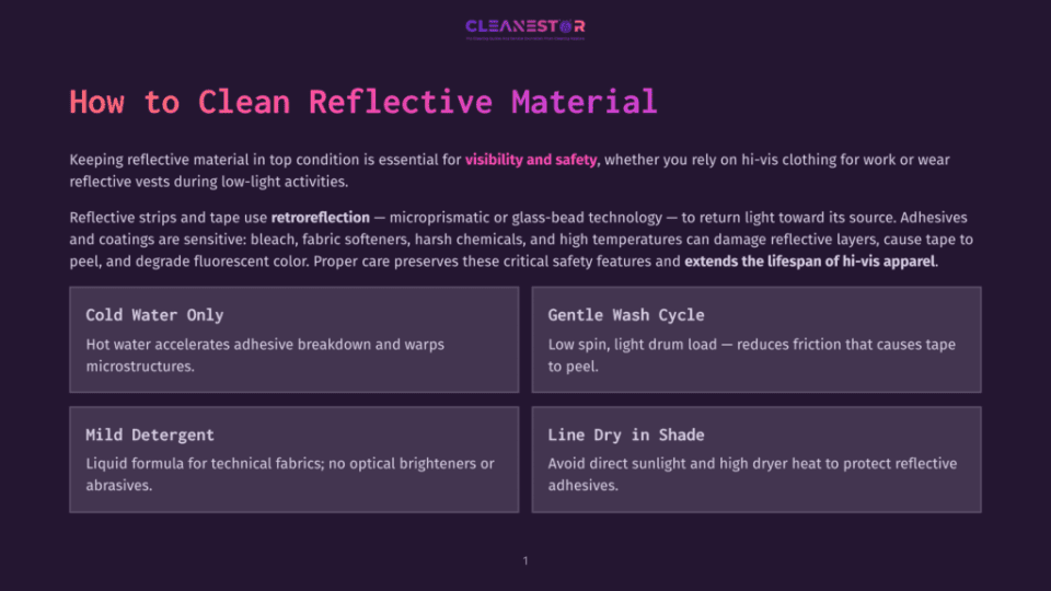 1 How To Clean Reflective Material How To Clean Reflective Material: A Guide On Cleaning Hi-Vis Clothing And Reflective Strips, Detailing Cold Water, Gentle Wash, Mild Detergent, And Line Dry Methods To Preserve Reflective Properties.