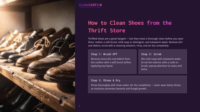 1 How To Clean Shoes From The Thrift Store A Row Of Pre-Owned Leather Shoes On A Wooden Shelf, Some Dusty, With Text Overlay &Quot;How To Clean Shoes From The Thrift Store&Quot;.