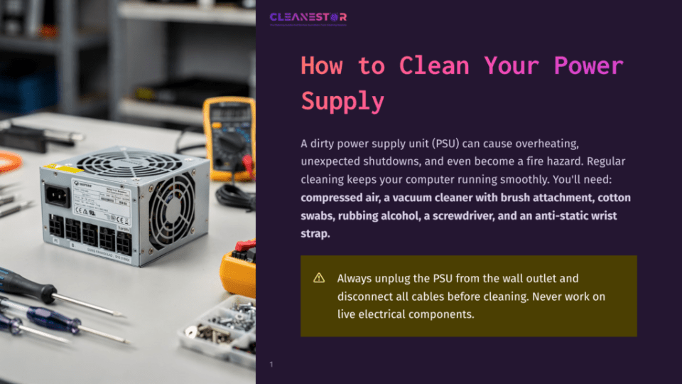 1 How To Clean Your Power Supply A Silver Atx Power Supply Unit (Psu) With Various Connectors Is Shown On A Workbench, With Tools And Electronic Components Scattered Around It. The Psu Has Labels And Certifications Like Ce And Rohs Visible.