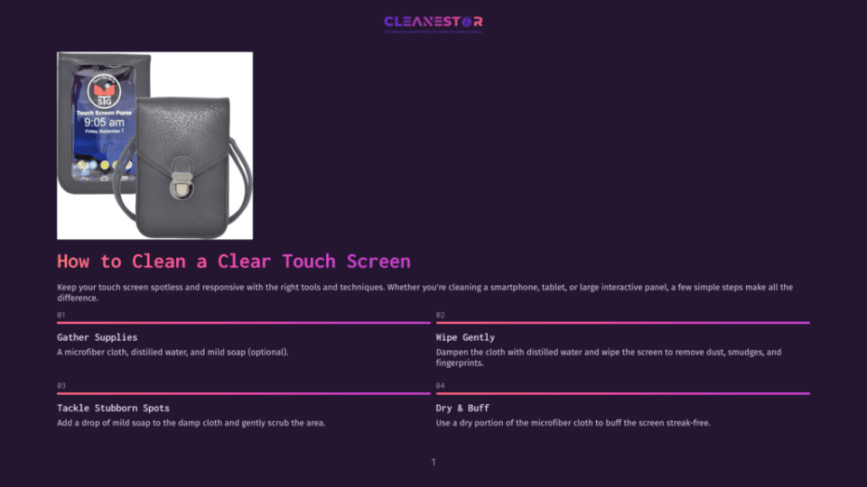 1 How To Clean A Clear Touch Screen A Dark Grey Leather Smartphone Purse With A Clear Touch Screen Window Displaying The Time And Date Is Shown, With Instructions On How To Clean A Clear Touch Screen.