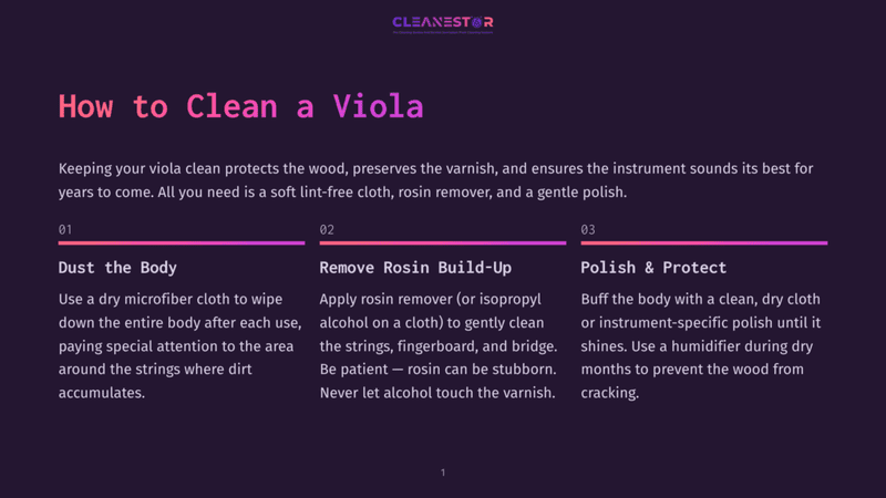1 How To Clean A Viola Infographic Titled &Quot;How To Clean A Viola&Quot; With Three Steps: Dust The Body, Remove Rosin Build-Up, And Polish &Amp; Protect, Featuring Purple And Pink Accents.