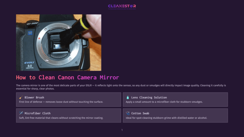 1 How To Clean Canon Camera Mirror Close-Up Of A Canon Dslr Camera Sensor Being Cleaned With A Soft Brush, With The Words &Quot;Cleanestor&Quot; And &Quot;How To Clean Canon Camera Mirror&Quot; Visible.