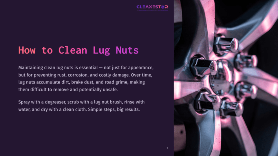 1 How To Clean Lug Nuts Close-Up Of Shiny Chrome Lug Nuts On A Car Wheel, With Vibrant Pink And Purple Light Reflecting Off The Metal. The Cleanestor Logo And Title &Quot;How To Clean Lug Nuts&Quot; Are Visible On The Left.