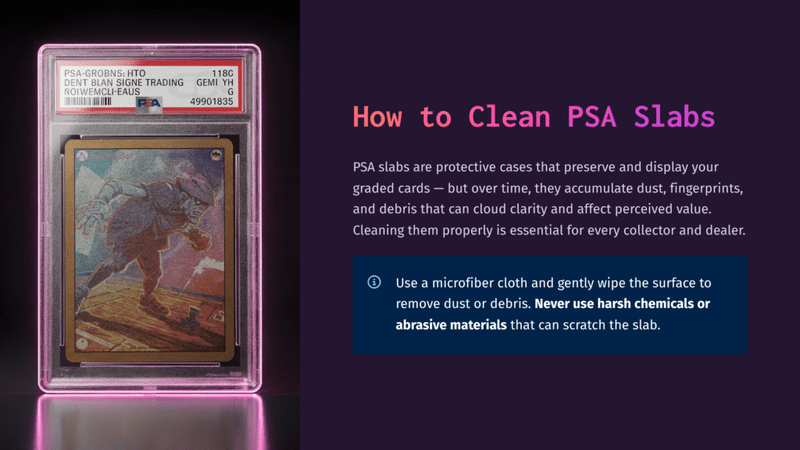 1 How To Clean Psa Slabs A Graded Trading Card In A Psa Slab, Featuring Artwork Of A Shadowy Figure On A Wooden Deck, With Text On The Slab Including &Quot;Psa Grbn-Hto Dent Blan Signe Trading&Quot; And &Quot;49901835&Quot;.