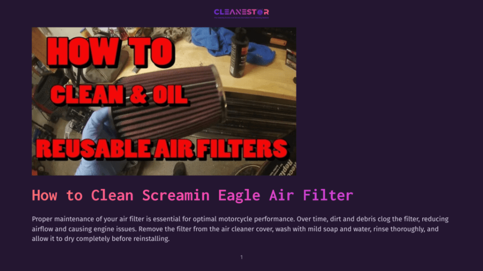 Close-Up Of A Red Screamin' Eagle Reusable Air Filter Being Cleaned, With &Quot;How To Clean &Amp; Oil Reusable Air Filters&Quot; Text Overlay.