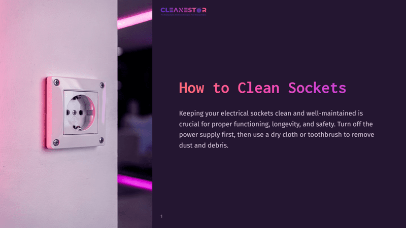 1 How To Clean Sockets Close-Up Of A White Electrical Socket Mounted On A Wall, With The Text &Quot;Cleanestor&Quot; And &Quot;How To Clean Sockets&Quot; Visible On The Right Side Of The Image.