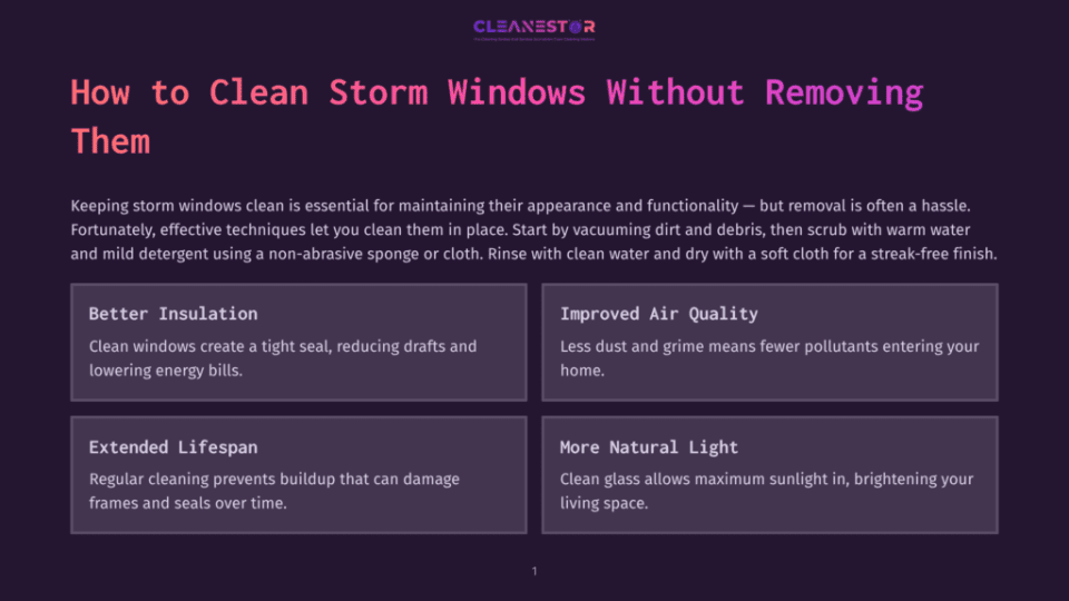 1 How To Clean Storm Windows Without Removing Them A Purple-Themed Webpage With A Header Reading &Quot;How To Clean Storm Windows Without Removing Them.&Quot; Below The Header Are Four Benefits Of Cleaning Storm Windows: Better Insulation, Improved Air Quality, Extended Lifespan, And More Natural Light.