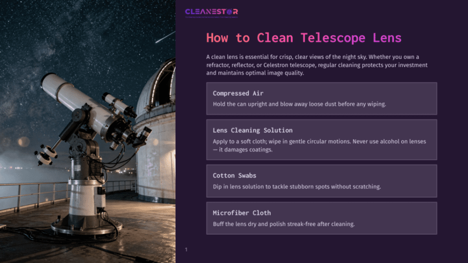 1 How To Clean Telescope Lens Cleanestor Logo And Text &Quot;How To Clean Telescope Lens&Quot; On A Dark Background With A Telescope On An Observatory Deck Under A Starry Night Sky With A Shooting Star.