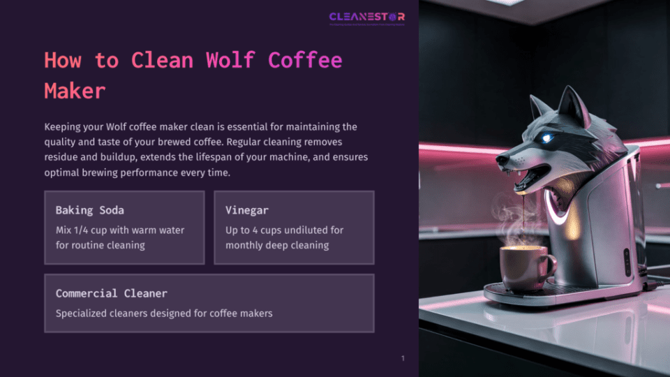 1 How To Clean Wolf Coffee Maker A Stylized Wolf Head On A Modern Coffee Maker, With Steam Rising From A Freshly Brewed Cup Of Coffee, Against A Dark Background With Text About Cleaning Wolf Coffee Makers With Baking Soda And Vinegar.