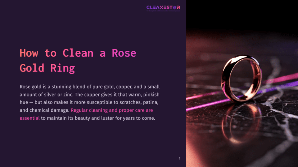 1 How To Clean A Rose Gold Ring A Rose Gold Ring Rests On A Dark, Polished Surface, Catching The Light With A Soft Pinkish Hue. The Text &Quot;Cleanestor&Quot; Is Visible In The Upper Right Corner.