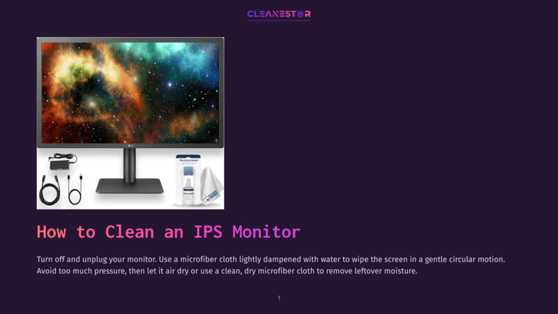 1 How To Clean An Ips Monitor Lg Ips Monitor With Power Cord, Hdmi Cable, And Cleaning Kit On A Dark Purple Background. Text Reads &Quot;Cleanestor&Quot; And &Quot;How To Clean An Ips Monitor&Quot;.