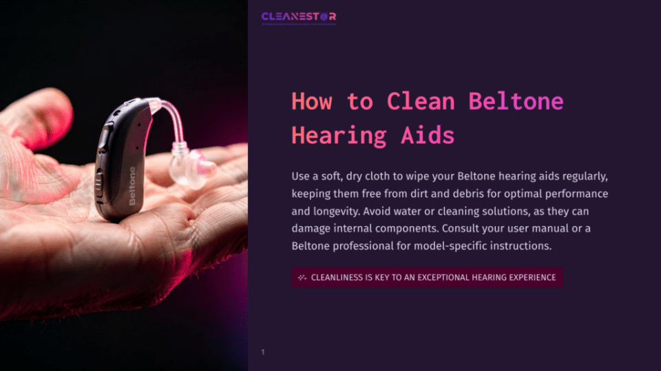 1 How To Clean Beltone Hearing Aids 1 A Person'S Hand Holds A Small, Beige Beltone Hearing Aid With A Clear Tube And Earbud. The Hearing Aid Is Positioned In A Palm Against A Dark, Gradient Background.