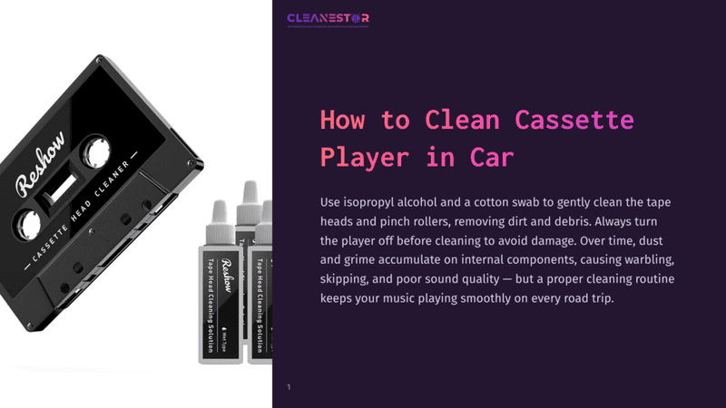 1 How To Clean Cassette Player In Car A Black Cassette Tape With The Brand &Quot;Reshow&Quot; And &Quot;Cassette Head Cleaner&Quot; Visible, Sits Next To Two Small Bottles Of Cleaning Solution. The Text &Quot;How To Clean Cassette Player In Car&Quot; Is Overlaid On A Dark Purple Background.