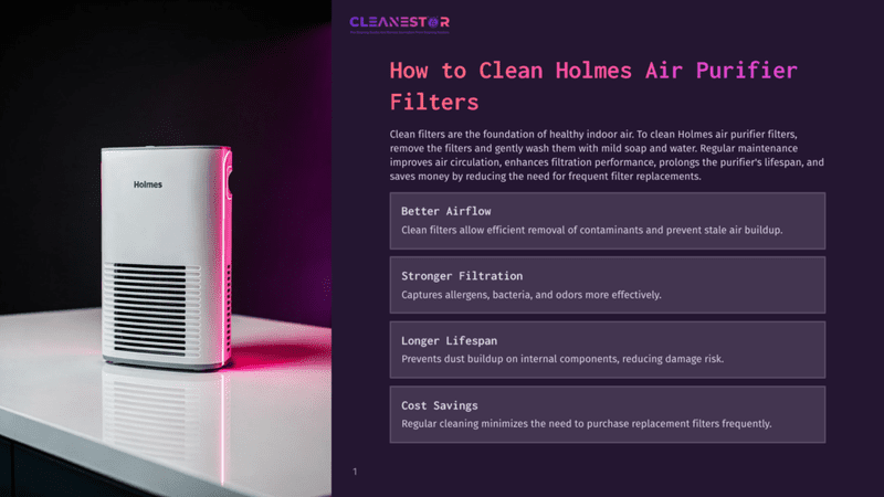 Holmes Air Purifier With A Clean Filter, Illustrating The Benefits Of Cleaning Holmes Air Purifier Filters: Better Airflow, Stronger Filtration, Longer Lifespan, And Cost Savings.