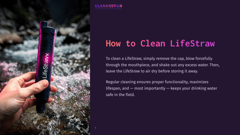 1 How To Clean Lifestraw A Hand Holds A Black Lifestraw Water Filter Over A Clear, Flowing Stream. The Filter Has A White Label With &Quot;Lifestraw&Quot; In A Red Font. The Water Is Clear And Shallow, With Pebbles Visible On The Stream Bed.
