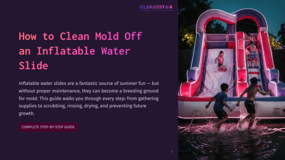 1 How To Clean Mold Off An Inflatable Water Slide Children Slide Down A Vibrant Inflatable Water Slide At Dusk, Splashing Into A Pool. Text Reads: &Quot;Cleanestor: The Smarter &Amp; Safer Way To Enjoy Water Fun.