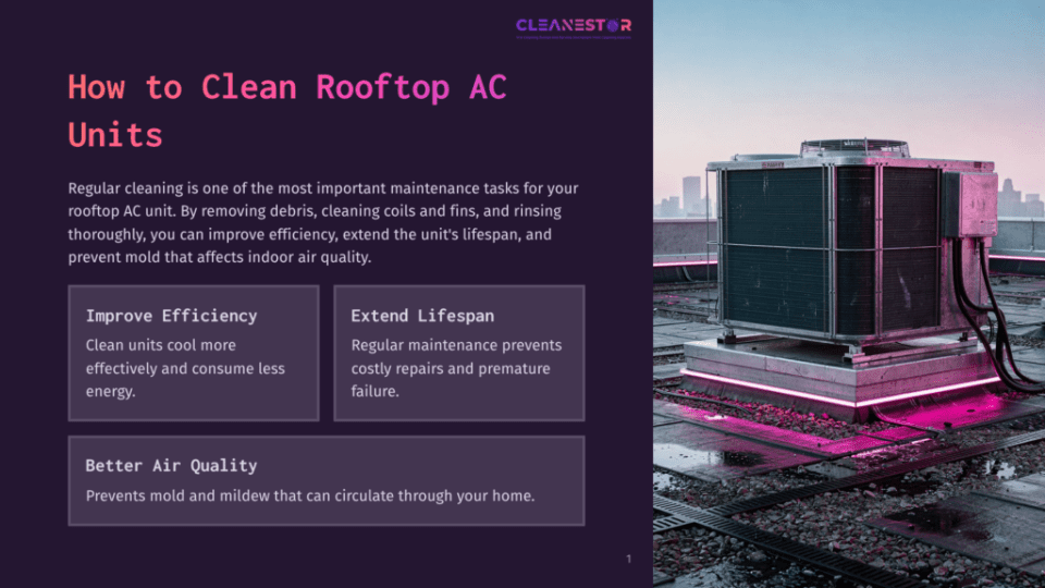 1 How To Clean Rooftop Ac Units A Large, Industrial Rooftop Ac Unit Glows With Pink And Purple Neon Lights On A Dark, Wet Rooftop At Night. The Text &Quot;Cleanestor&Quot; Is Visible At The Top Of The Image.
