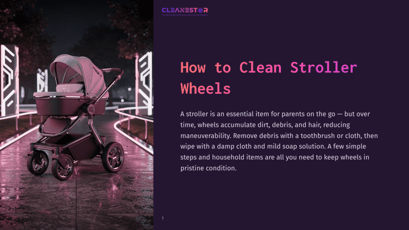 1 How To Clean Stroller Wheels A Modern, Pink And Grey Baby Stroller Sits On A Wet, Cobblestone Path At Night, Illuminated By Neon Pink Lights. The Text &Quot;How To Clean Stroller Wheels&Quot; Is Prominently Displayed.