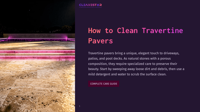 1 How To Clean Travertine Pavers A Beautifully Lit Travertine Patio With Pink Led Lights, A Pool Deck, And Stairs At Night. The Text &Quot;How To Clean Travertine Pavers&Quot; Is Visible.