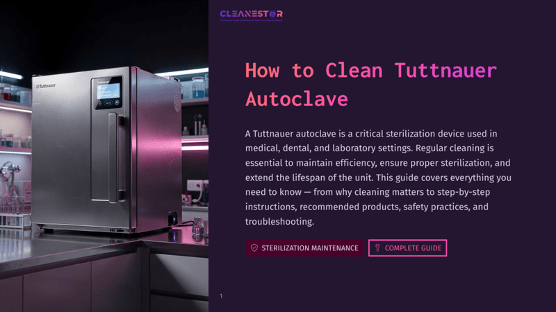 1 How To Clean Tuttnauer Autoclave A Modern Tuttnauer Autoclave With A Digital Display Sits On A Stainless Steel Counter In A Laboratory, With Pink And Purple Lighting In The Background. The Text &Quot;Cleanestor&Quot; And &Quot;How To Clean Tuttnauer Autoclave&Quot; Is Visible.