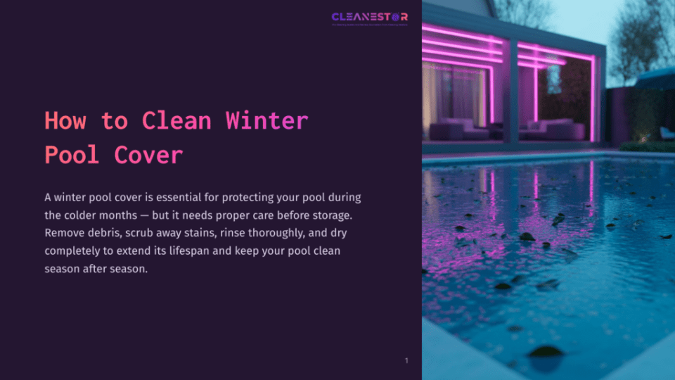 1 How To Clean Winter Pool Cover A Luxurious Outdoor Swimming Pool At Dusk, Illuminated By Vibrant Pink Neon Lights From An Adjacent Modern Patio With Comfortable Seating. Fallen Leaves Float On The Water'S Surface, Reflecting The Colorful Glow.