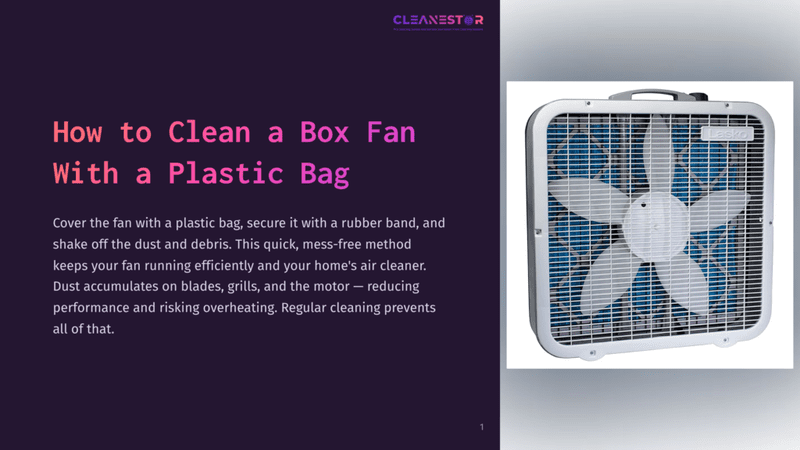 1 How To Clean A Box Fan With A Plastic Bag A White Lasko Box Fan With A Blue Grill Sits On A Grey Surface. The Text &Quot;How To Clean A Box Fan With A Plastic Bag&Quot; Is Visible On The Left.
