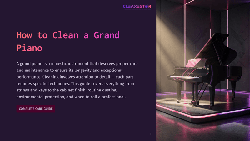 1 How To Clean A Grand Piano Elegant Grand Piano In A Modern Room With Neon Pink Lighting. Text Overlay Reads &Quot;Cleanestar&Quot; And &Quot;How To Clean A Grand Piano&Quot;.