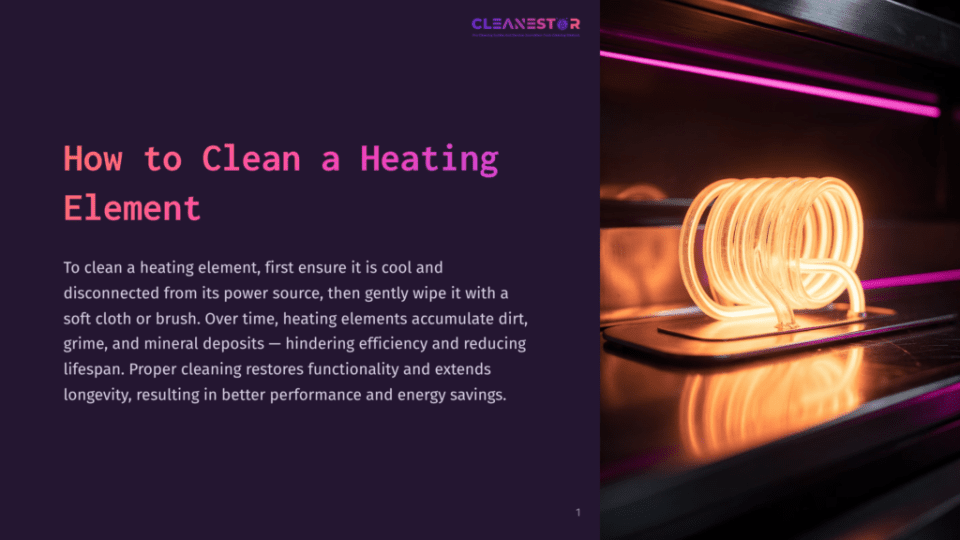 1 How To Clean A Heating Element Close-Up Of A Glowing Orange Heating Element In An Oven, With Pink Light In The Background. Text Reads &Quot;Cleanestor&Quot; And &Quot;How To Clean A Heating Element&Quot;.